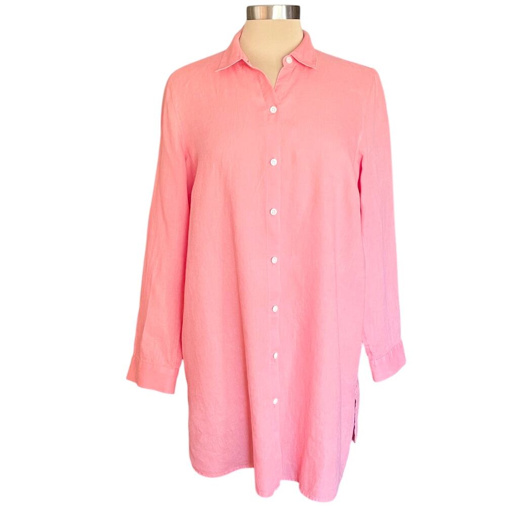 J. Jill Love Linen Coral Button Down Shirt Tunic Length MEDIUM Casual Work Wear